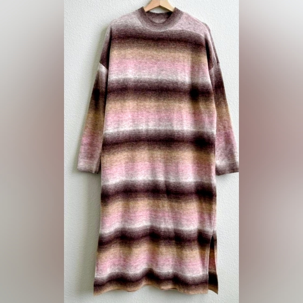 Loft Ombre Striped Long Sleeve Cozy Knit Sweater Midi Dress in Brwn, Pink, White - Picture 4 of 9
